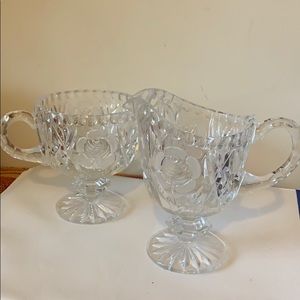 Etched crystal cut sugar and creamer